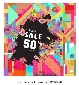 Autumn sale memphis style web banner. Fashion and travel discount poster. Vector holiday Abstract colorful illustration with special offer and promotion.