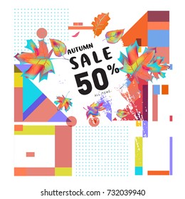 Autumn sale memphis style web banner. Fashion and travel discount poster. Vector holiday Abstract colorful illustration with special offer and promotion.