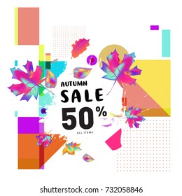 Autumn sale memphis style web banner. Fashion and travel discount poster. Vector holiday Abstract colorful illustration with special offer and promotion.