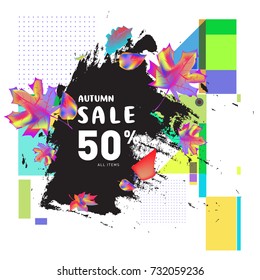 Autumn sale memphis style web banner. Fashion and travel discount poster. Vector holiday Abstract colorful illustration with special offer and promotion.