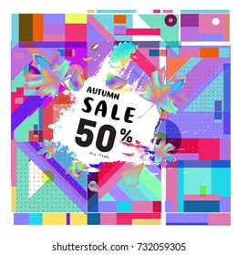 Autumn sale memphis style web banner. Fashion and travel discount poster. Vector holiday Abstract colorful illustration with special offer and promotion.