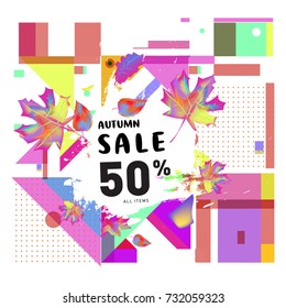 Autumn sale memphis style web banner. Fashion and travel discount poster. Vector holiday Abstract colorful illustration with special offer and promotion.