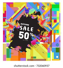 Autumn sale memphis style web banner. Fashion and travel discount poster. Vector holiday Abstract colorful illustration with special offer and promotion.