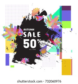 Autumn sale memphis style web banner. Fashion and travel discount poster. Vector holiday Abstract colorful illustration with special offer and promotion.