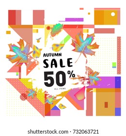 Autumn sale memphis style web banner. Fashion and travel discount poster. Vector holiday Abstract colorful illustration with special offer and promotion.