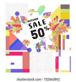 Autumn sale memphis style web banner. Fashion and travel discount poster. Vector holiday Abstract colorful illustration with special offer and promotion.
