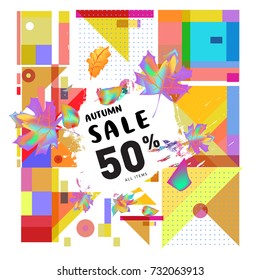 Autumn sale memphis style web banner. Fashion and travel discount poster. Vector holiday Abstract colorful illustration with special offer and promotion.