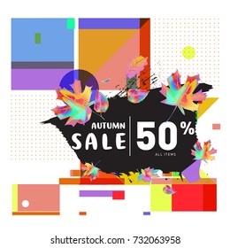 Autumn sale memphis style web banner. Fashion and travel discount poster. Vector holiday Abstract colorful illustration with special offer and promotion.