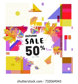 Autumn sale memphis style web banner. Fashion and travel discount poster. Vector holiday Abstract colorful illustration with special offer and promotion.