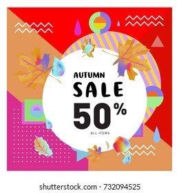 Autumn sale memphis style web banner. Fashion and travel discount poster. Vector holiday Abstract colorful illustration with special offer and promotion.