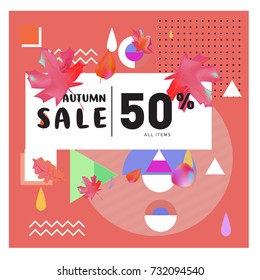 Autumn sale memphis style web banner. Fashion and travel discount poster. Vector holiday Abstract colorful illustration with special offer and promotion.