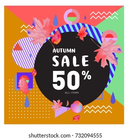Autumn sale memphis style web banner. Fashion and travel discount poster. Vector holiday Abstract colorful illustration with special offer and promotion.