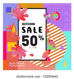Autumn sale memphis style web banner. Fashion and travel discount poster. Vector holiday Abstract colorful illustration with special offer and promotion.