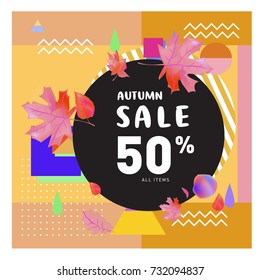 Autumn sale memphis style web banner. Fashion and travel discount poster. Vector holiday Abstract colorful illustration with special offer and promotion.