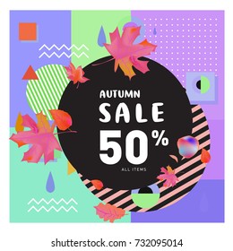Autumn sale memphis style web banner. Fashion and travel discount poster. Vector holiday Abstract colorful illustration with special offer and promotion.