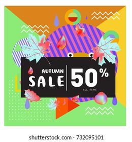 Autumn sale memphis style web banner. Fashion and travel discount poster. Vector holiday Abstract colorful illustration with special offer and promotion.