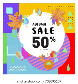 Autumn sale memphis style web banner. Fashion and travel discount poster. Vector holiday Abstract colorful illustration with special offer and promotion.