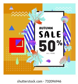 Autumn sale memphis style web banner. Fashion and travel discount poster. Vector holiday Abstract colorful illustration with special offer and promotion.