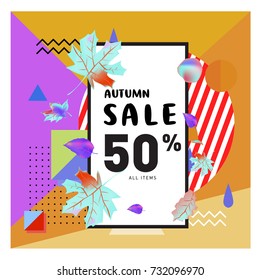 Autumn sale memphis style web banner. Fashion and travel discount poster. Vector holiday Abstract colorful illustration with special offer and promotion.