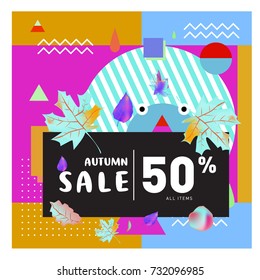 Autumn sale memphis style web banner. Fashion and travel discount poster. Vector holiday Abstract colorful illustration with special offer and promotion.