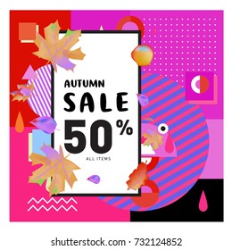 Autumn sale memphis style web banner. Fashion and travel discount poster. Vector holiday Abstract colorful illustration with special offer and promotion.