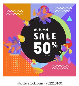 Autumn sale memphis style web banner. Fashion and travel discount poster. Vector holiday Abstract colorful illustration with special offer and promotion.