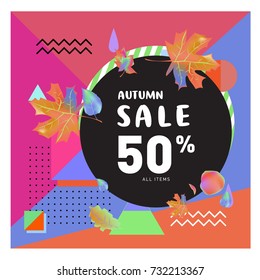 Autumn sale memphis style web banner. Fashion and travel discount poster. Vector holiday Abstract colorful illustration with special offer and promotion.