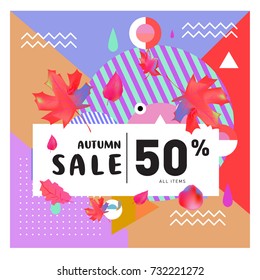 Autumn sale memphis style web banner. Fashion and travel discount poster. Vector holiday Abstract colorful illustration with special offer and promotion.