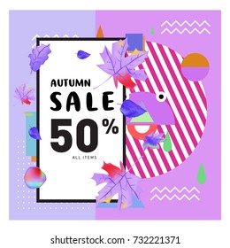 Autumn sale memphis style web banner. Fashion and travel discount poster. Vector holiday Abstract colorful illustration with special offer and promotion.