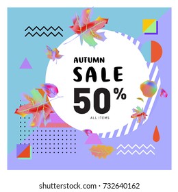 Autumn sale memphis style web banner. Fashion and travel discount poster. Vector holiday Abstract colorful illustration with special offer and promotion.