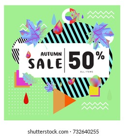 Autumn sale memphis style web banner. Fashion and travel discount poster. Vector holiday Abstract colorful illustration with special offer and promotion.
