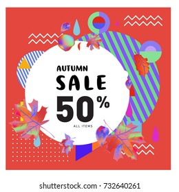 Autumn sale memphis style web banner. Fashion and travel discount poster. Vector holiday Abstract colorful illustration with special offer and promotion.