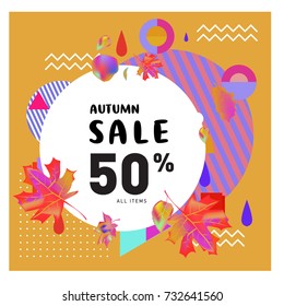 Autumn sale memphis style web banner. Fashion and travel discount poster. Vector holiday Abstract colorful illustration with special offer and promotion.