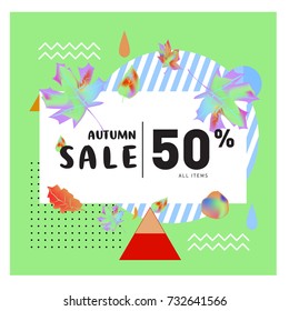 Autumn sale memphis style web banner. Fashion and travel discount poster. Vector holiday Abstract colorful illustration with special offer and promotion.