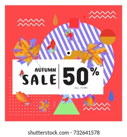 Autumn sale memphis style web banner. Fashion and travel discount poster. Vector holiday Abstract colorful illustration with special offer and promotion.