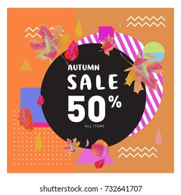 Autumn sale memphis style web banner. Fashion and travel discount poster. Vector holiday Abstract colorful illustration with special offer and promotion.