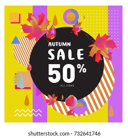 Autumn sale memphis style web banner. Fashion and travel discount poster. Vector holiday Abstract colorful illustration with special offer and promotion.