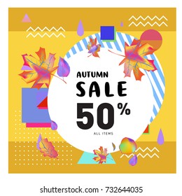 Autumn sale memphis style web banner. Fashion and travel discount poster. Vector holiday Abstract colorful illustration with special offer and promotion.