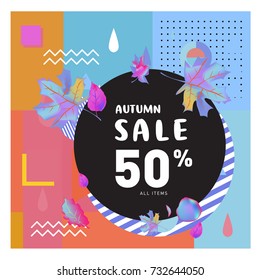 Autumn sale memphis style web banner. Fashion and travel discount poster. Vector holiday Abstract colorful illustration with special offer and promotion.
