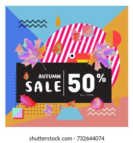 Autumn sale memphis style web banner. Fashion and travel discount poster. Vector holiday Abstract colorful illustration with special offer and promotion.