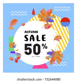 Autumn sale memphis style web banner. Fashion and travel discount poster. Vector holiday Abstract colorful illustration with special offer and promotion.