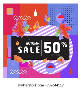 Autumn sale memphis style web banner. Fashion and travel discount poster. Vector holiday Abstract colorful illustration with special offer and promotion.