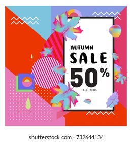 Autumn sale memphis style web banner. Fashion and travel discount poster. Vector holiday Abstract colorful illustration with special offer and promotion.
