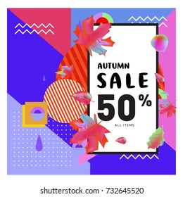 Autumn sale memphis style web banner. Fashion and travel discount poster. Vector holiday Abstract colorful illustration with special offer and promotion.