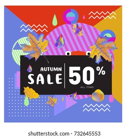 Autumn sale memphis style web banner. Fashion and travel discount poster. Vector holiday Abstract colorful illustration with special offer and promotion.