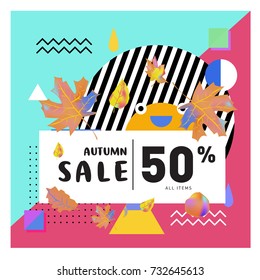 Autumn sale memphis style web banner. Fashion and travel discount poster. Vector holiday Abstract colorful illustration with special offer and promotion.