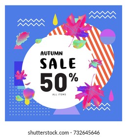 Autumn sale memphis style web banner. Fashion and travel discount poster. Vector holiday Abstract colorful illustration with special offer and promotion.