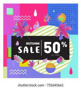 Autumn sale memphis style web banner. Fashion and travel discount poster. Vector holiday Abstract colorful illustration with special offer and promotion.