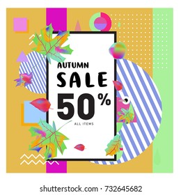 Autumn sale memphis style web banner. Fashion and travel discount poster. Vector holiday Abstract colorful illustration with special offer and promotion.