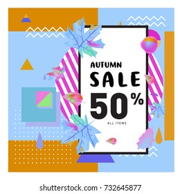 Autumn sale memphis style web banner. Fashion and travel discount poster. Vector holiday Abstract colorful illustration with special offer and promotion.